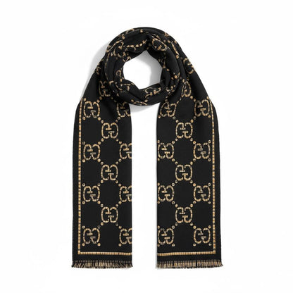 Gucci Double-Face Jacquard GG Scarf – Black & Gold / Beige Reversible | Luxury Winter Collection