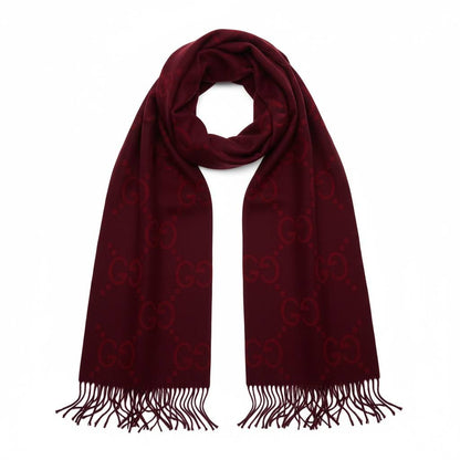 🧣 Gucci GG Monogram Wool Scarf – Deep Burgundy Elegance