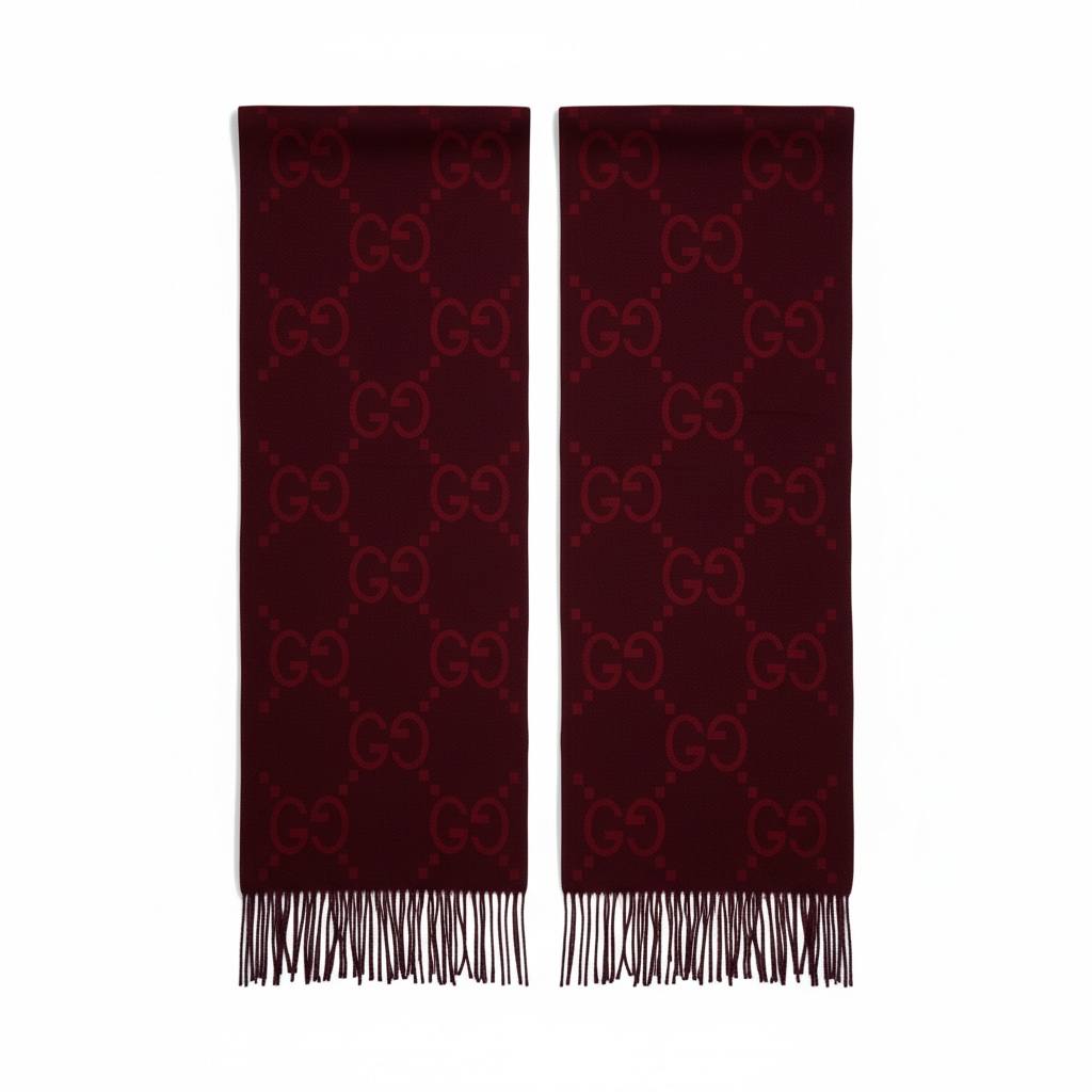 🧣 Gucci GG Monogram Wool Scarf – Deep Burgundy Elegance