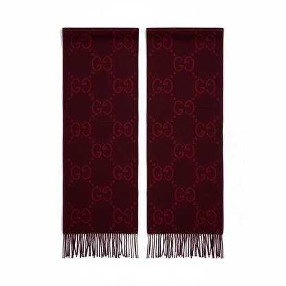 🧣 Gucci GG Monogram Wool Scarf – Deep Burgundy Elegance