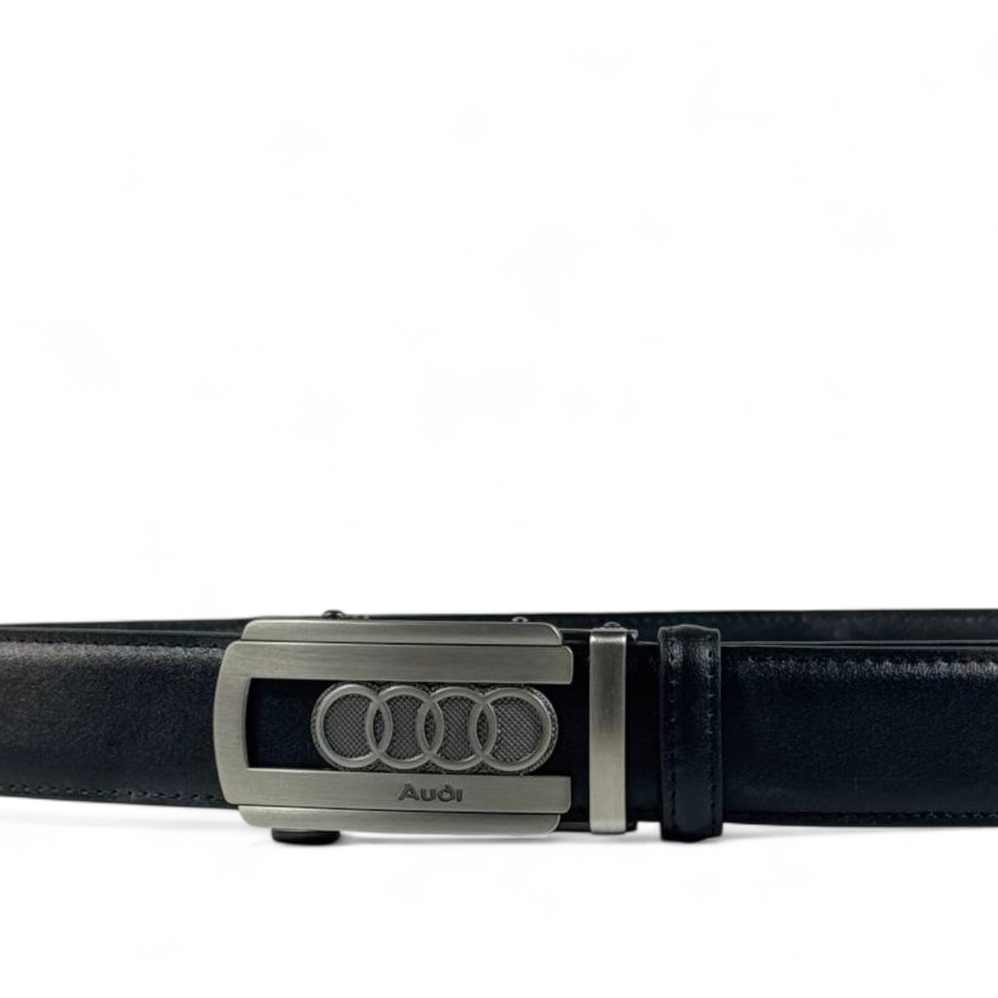Audi Black Leather Belt with Four-Rings Logo Buckle | 120 cm