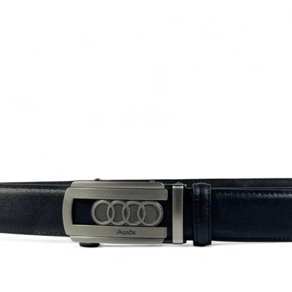 Audi Black Leather Belt with Four-Rings Logo Buckle | 120 cm