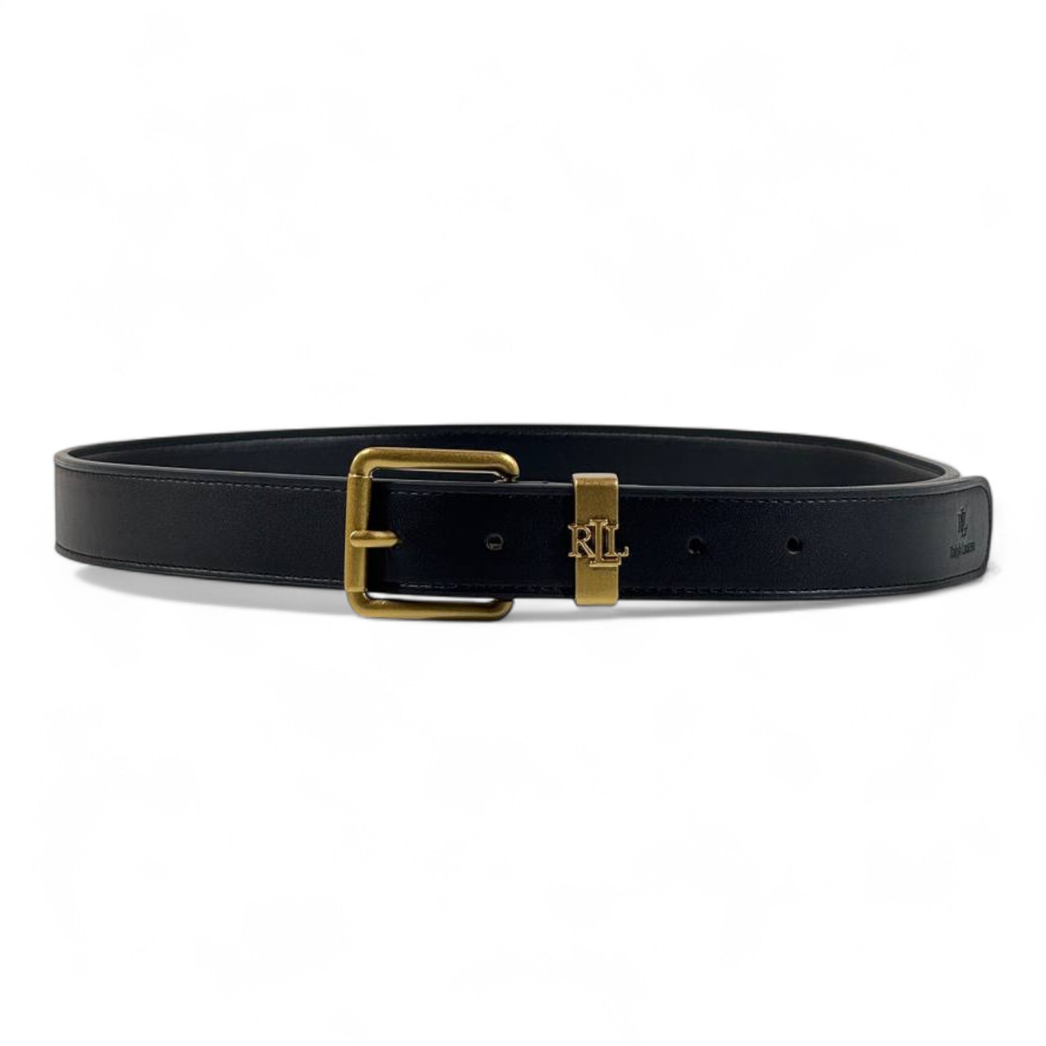 🖤✨ Ralph Lauren Black Leather Belt with Antique Gold Buckle & RL Logo – 110cm 👑💎