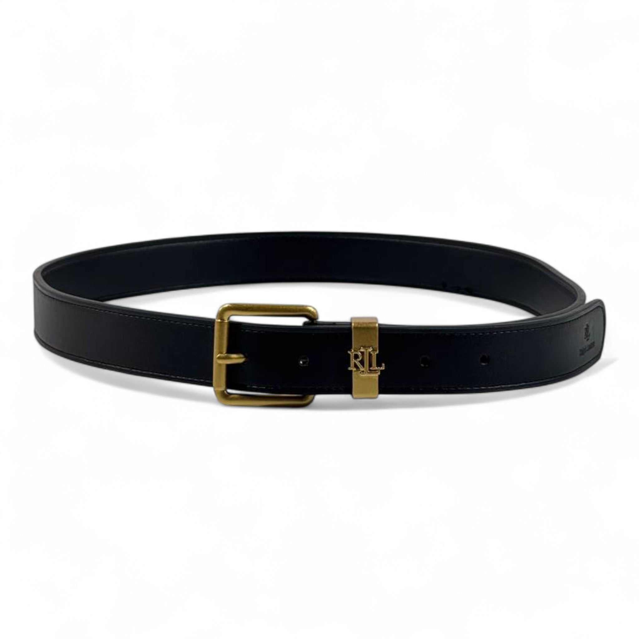 🖤✨ Ralph Lauren Black Leather Belt with Antique Gold Buckle & RL Logo – 110cm 👑💎