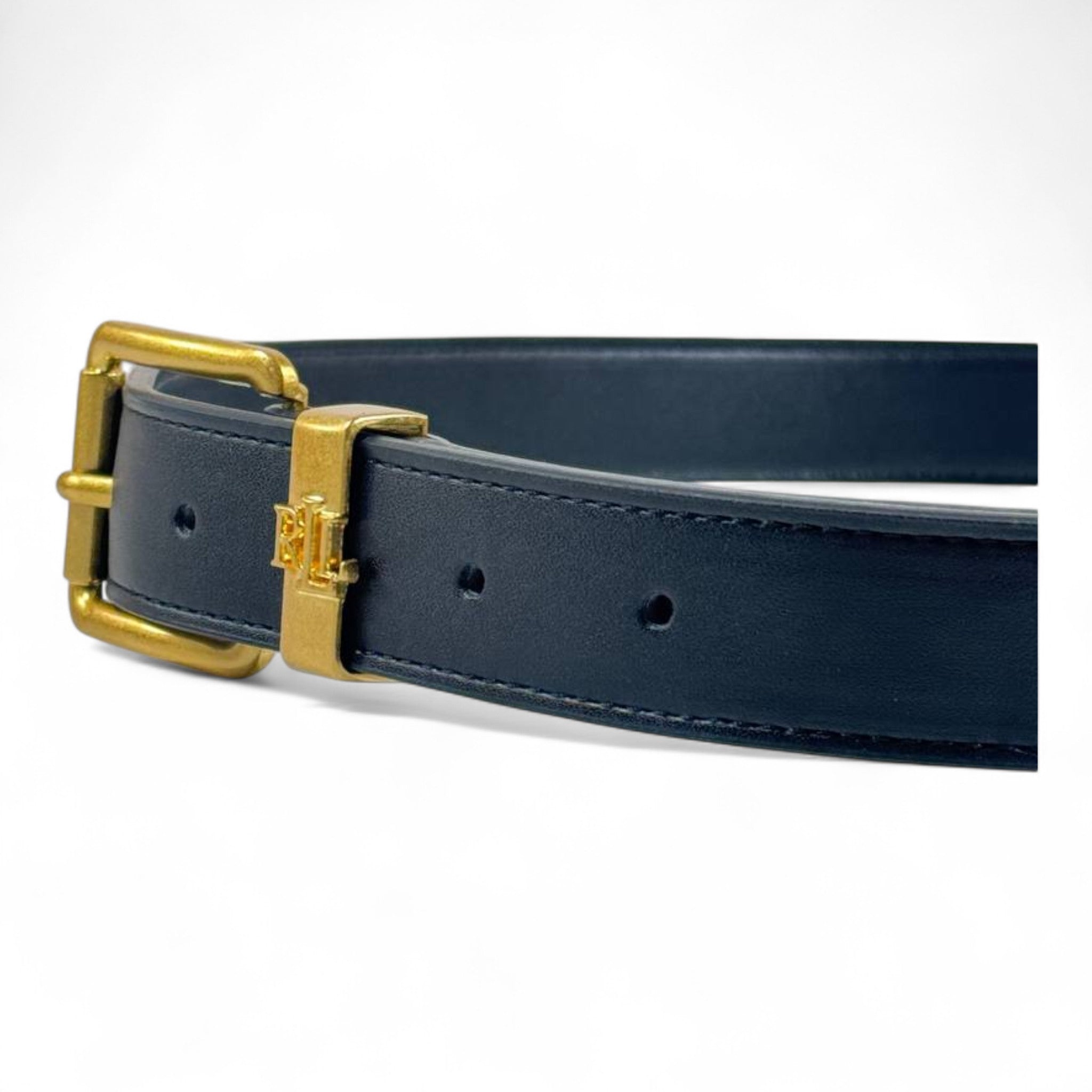 🖤✨ Ralph Lauren Black Leather Belt with Antique Gold Buckle & RL Logo – 110cm 👑💎