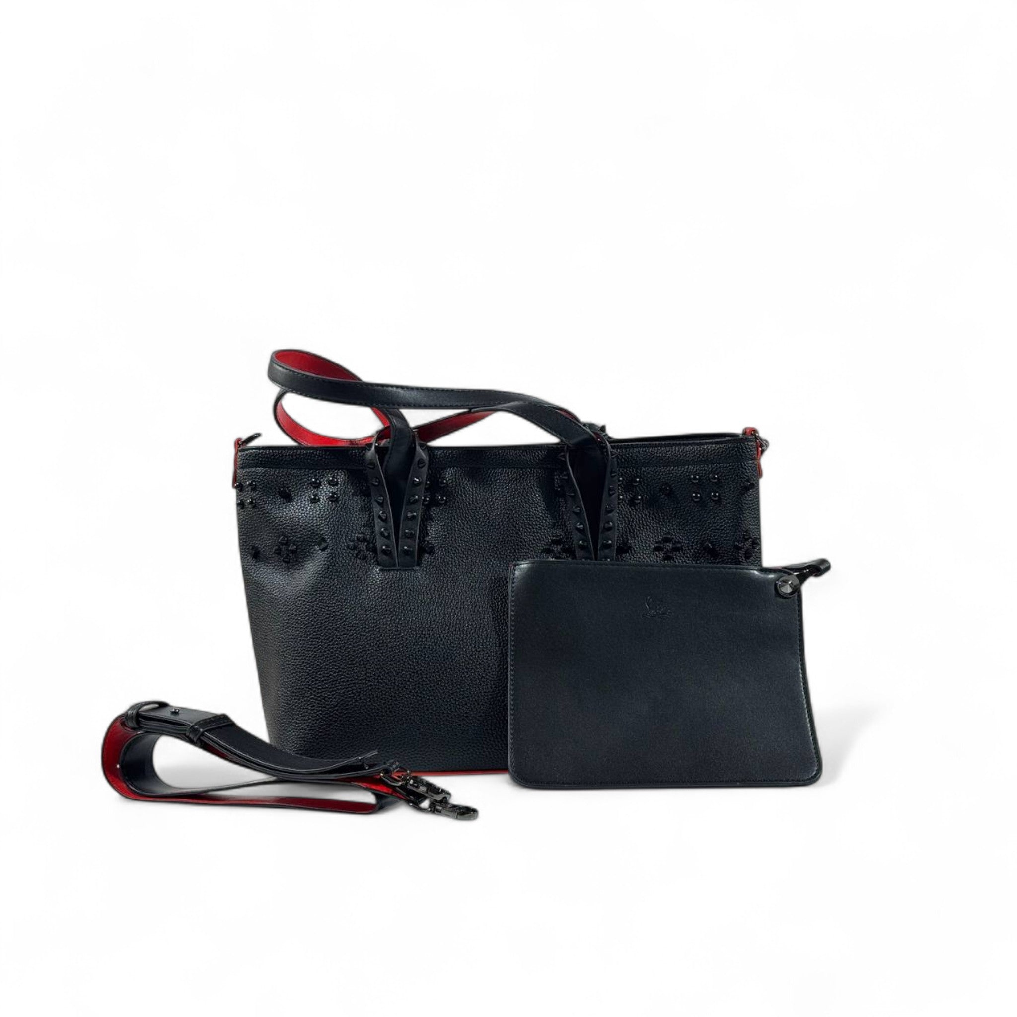 👜✨ Christian Louboutin Black Studded Tote with Iconic Red Sole Base & Matching Pouch 👑❤️