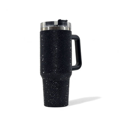 🖤💎 Black Rhinestone Travel Tumbler Mug with Handle & Lid – 40oz Sparkling Cup ✨🔥