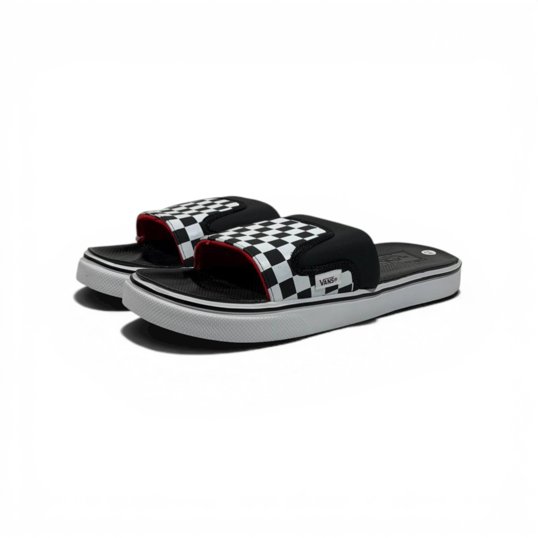 🏁🔴 Vans Checkerboard Slides – Black & White Red Accent Edition