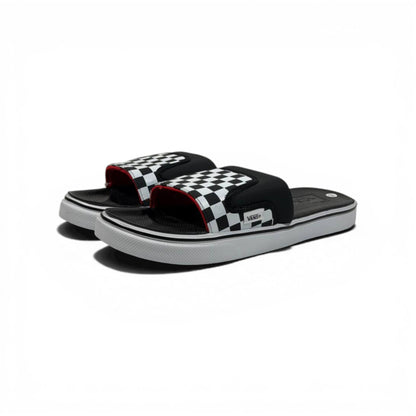 🏁🔴 Vans Checkerboard Slides – Black & White Red Accent Edition