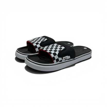🏁🔴 Vans Checkerboard Slides – Black & White Red Accent Edition