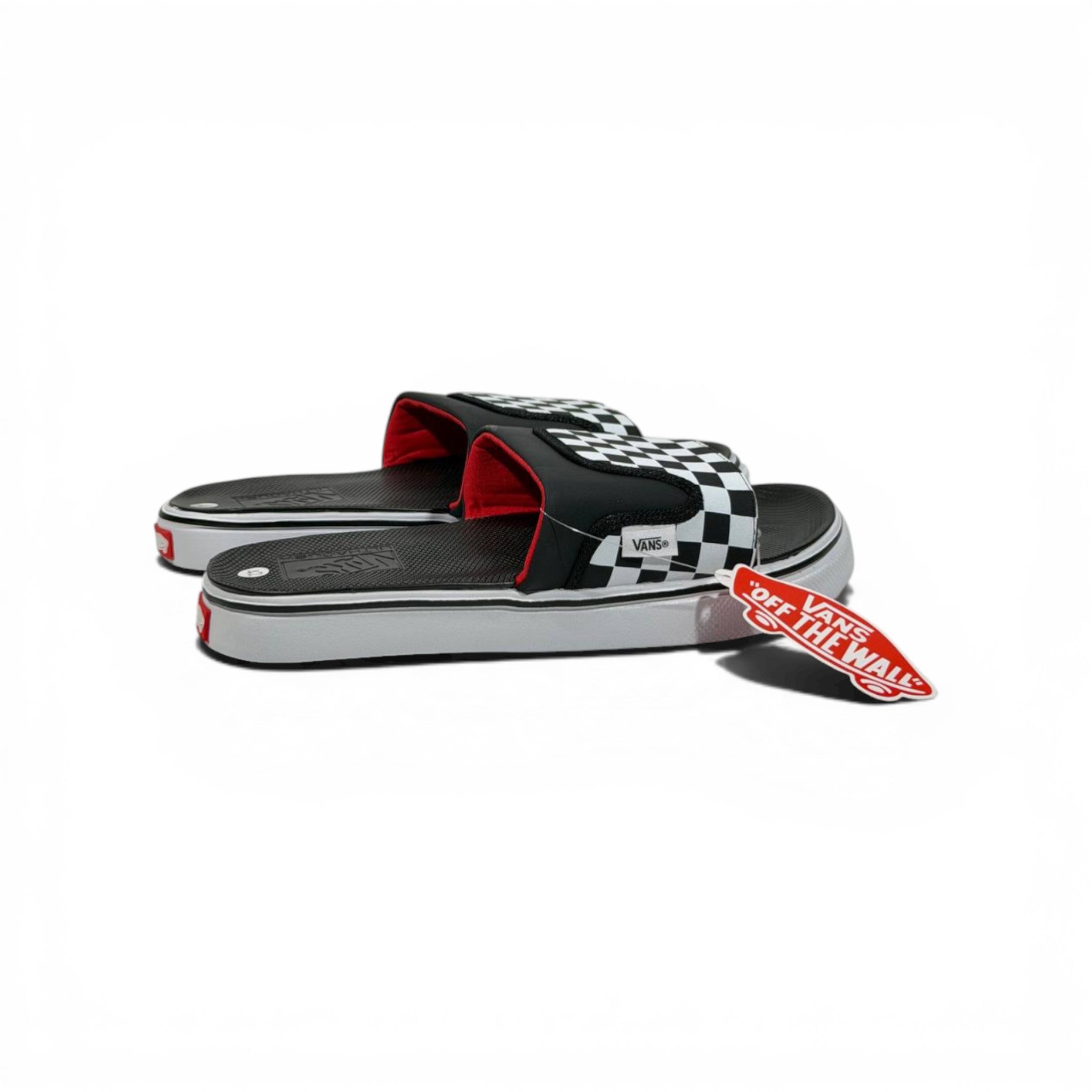 🏁🔴 Vans Checkerboard Slides – Black & White Red Accent Edition