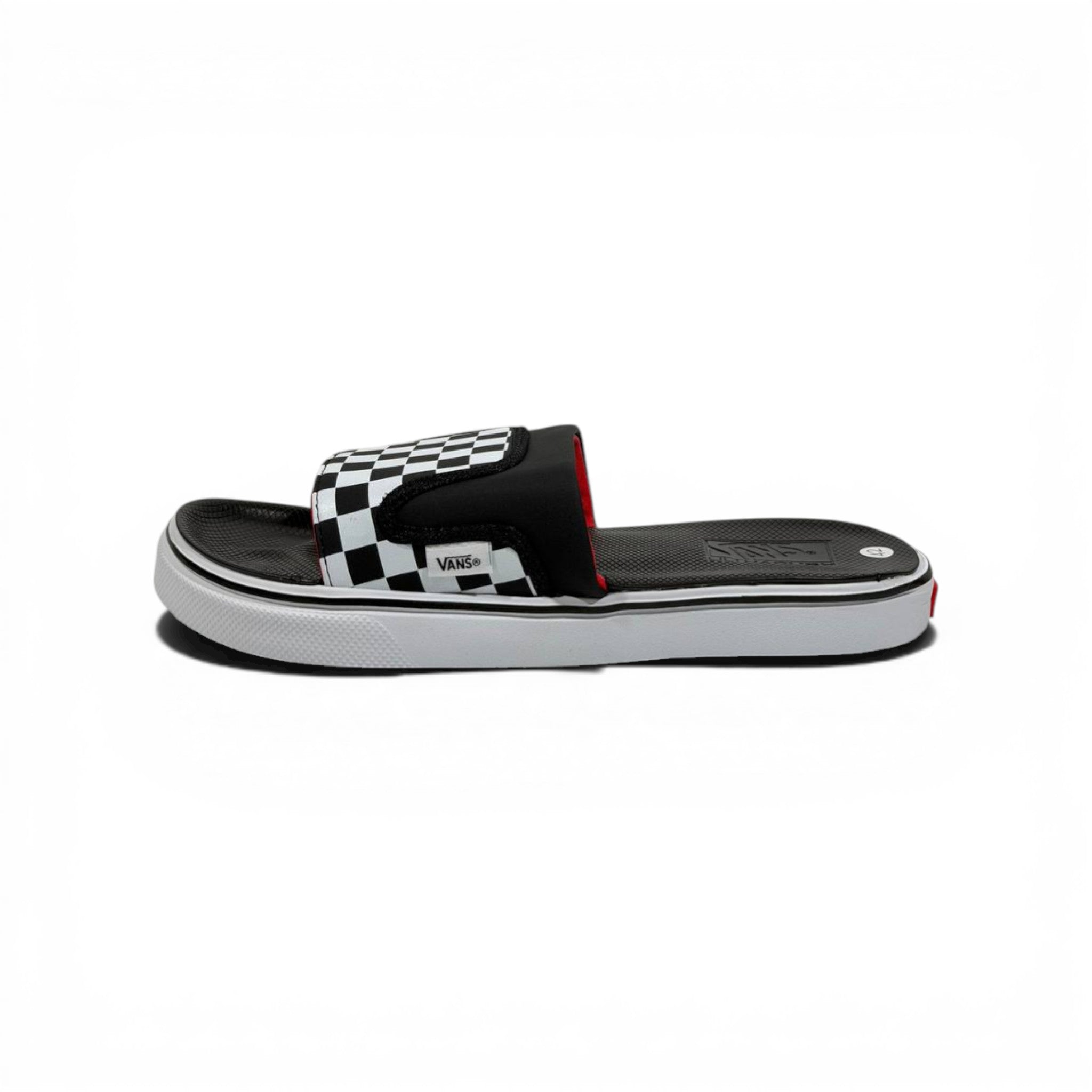 🏁🔴 Vans Checkerboard Slides – Black & White Red Accent Edition