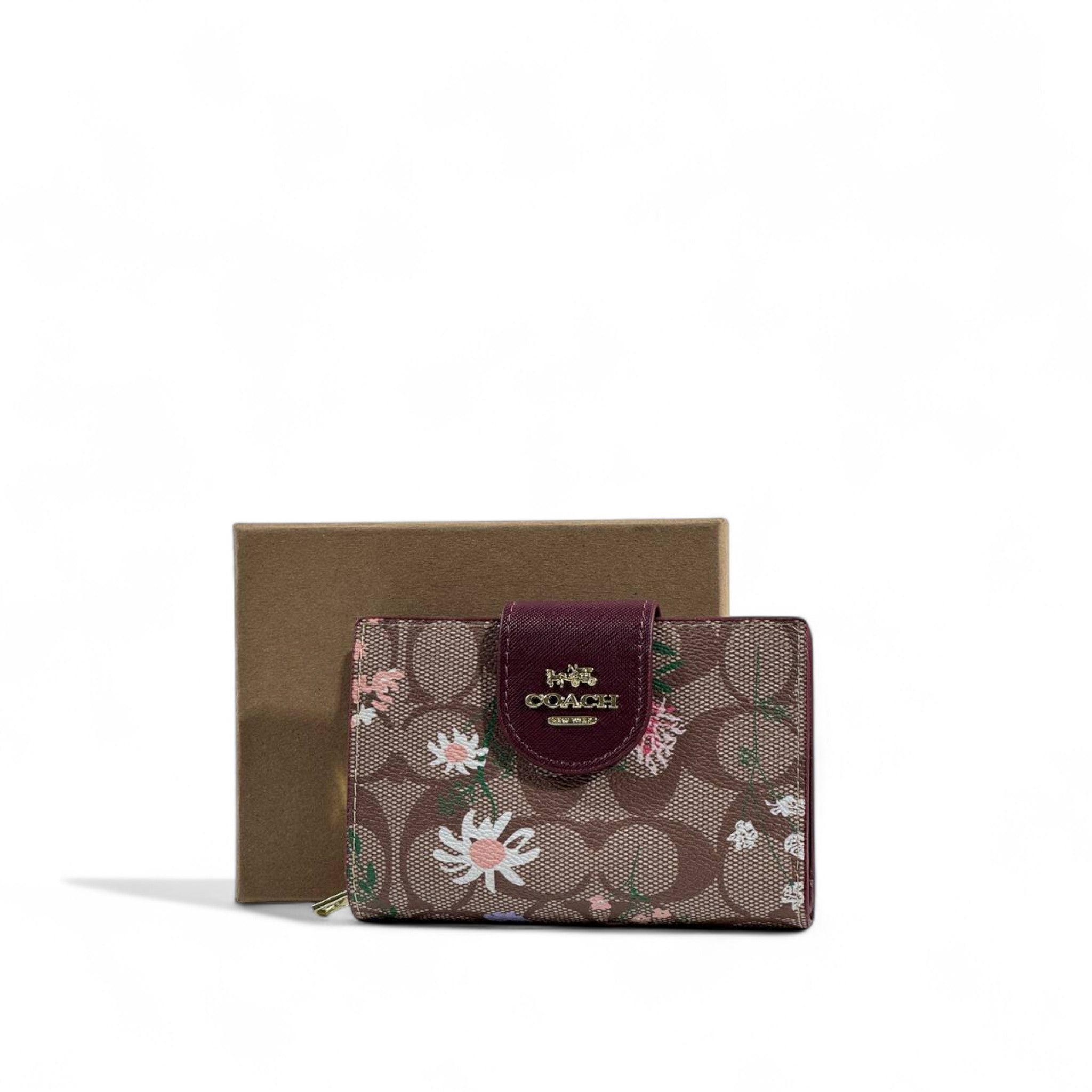 Coach Signature Floral Print Wallet 🌸🍷 | Brown with Burgundy Trim