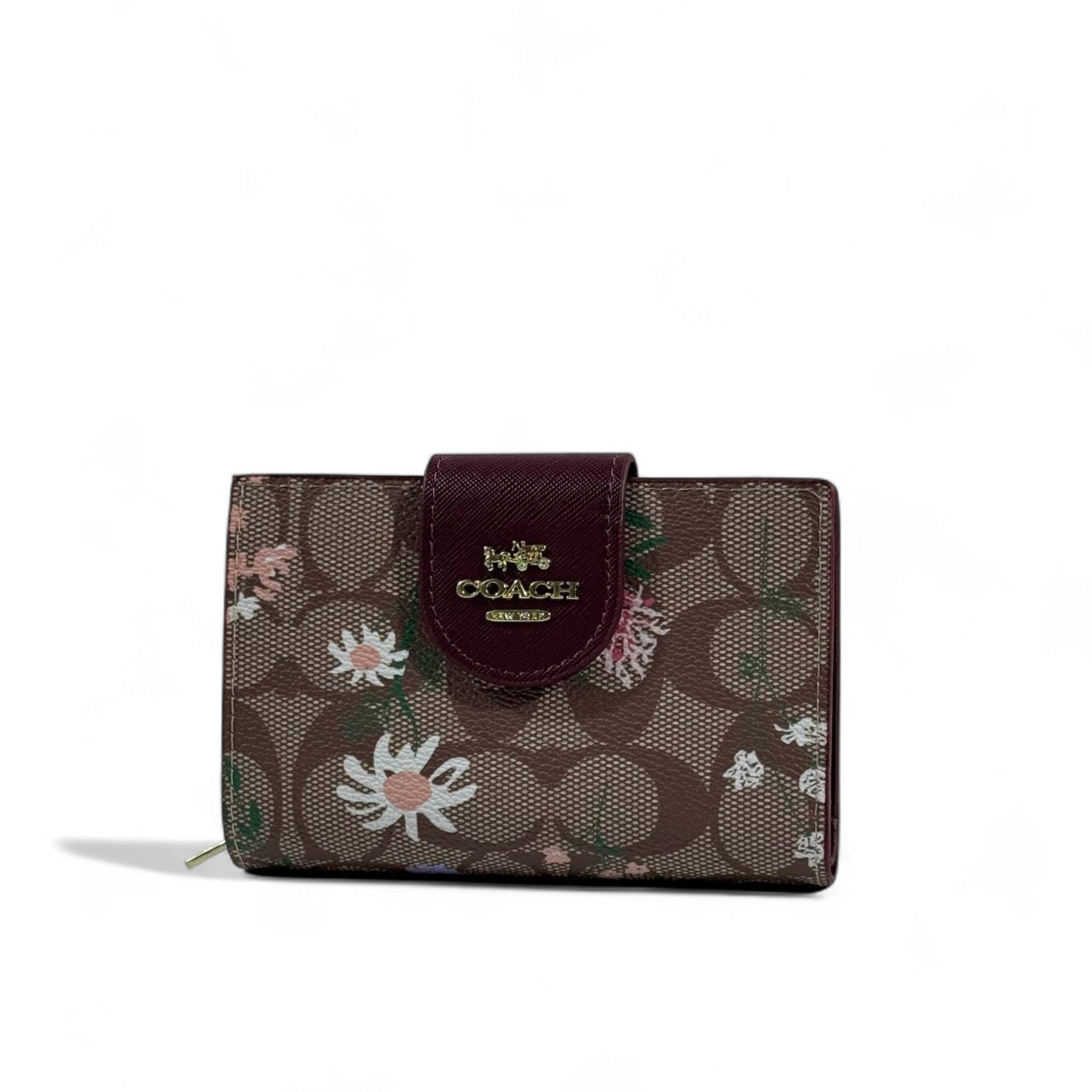 Coach Signature Floral Print Wallet 🌸🍷 | Brown with Burgundy Trim