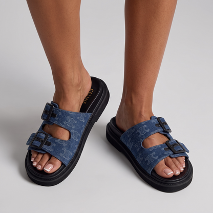 Celine Triomphe Blue Denim Slippers – Monogram Chic