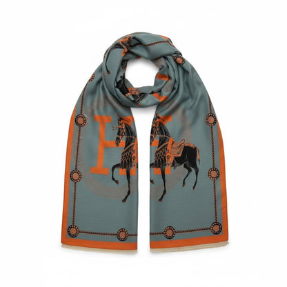 Hermès Equestrian H Scarf – Sage Green & Burnt Orange Luxury 🐎✨
