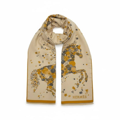 Hermès Floral Equestrian Scarf – Ivory & Golden Bloom Luxury 🤍✨