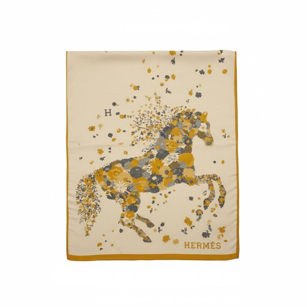 Hermès Floral Equestrian Scarf – Ivory & Golden Bloom Luxury 🤍✨