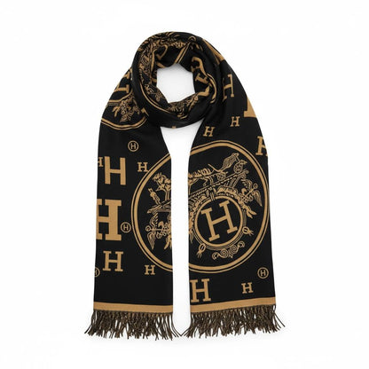 Hermès Iconic H Emblem Scarf – Black & Gold Timeless Luxury 🖤✨