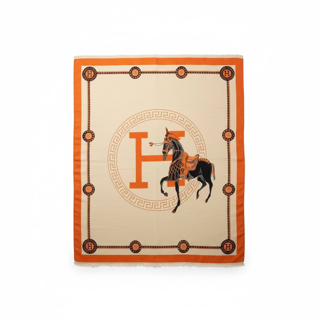 Hermès Equestrian H Scarf – Ivory & Orange Heritage Elegance 🐎✨