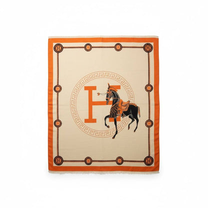 Hermès Equestrian H Scarf – Ivory & Orange Heritage Elegance 🐎✨