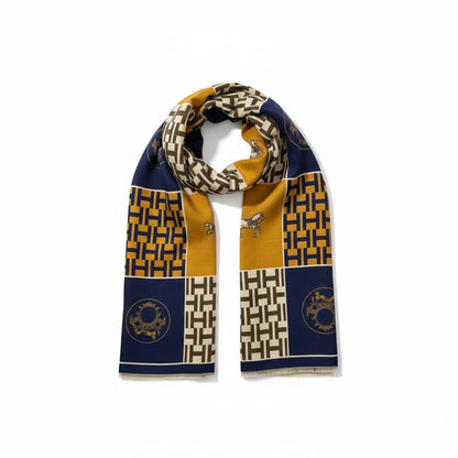 Hermès Geometric Horse Scarf – Navy & Mustard Luxury Edition 🐎💛💙