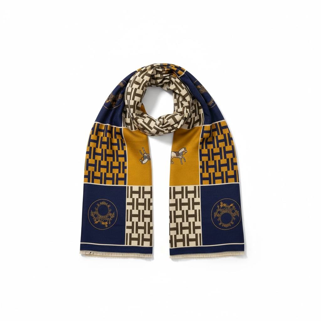 Hermès Geometric Horse Scarf – Navy & Mustard Luxury Edition 🐎💛💙