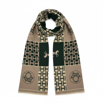 Hermès Signature H Scarf – Olive Green & Taupe Luxury Edition 🤍💚