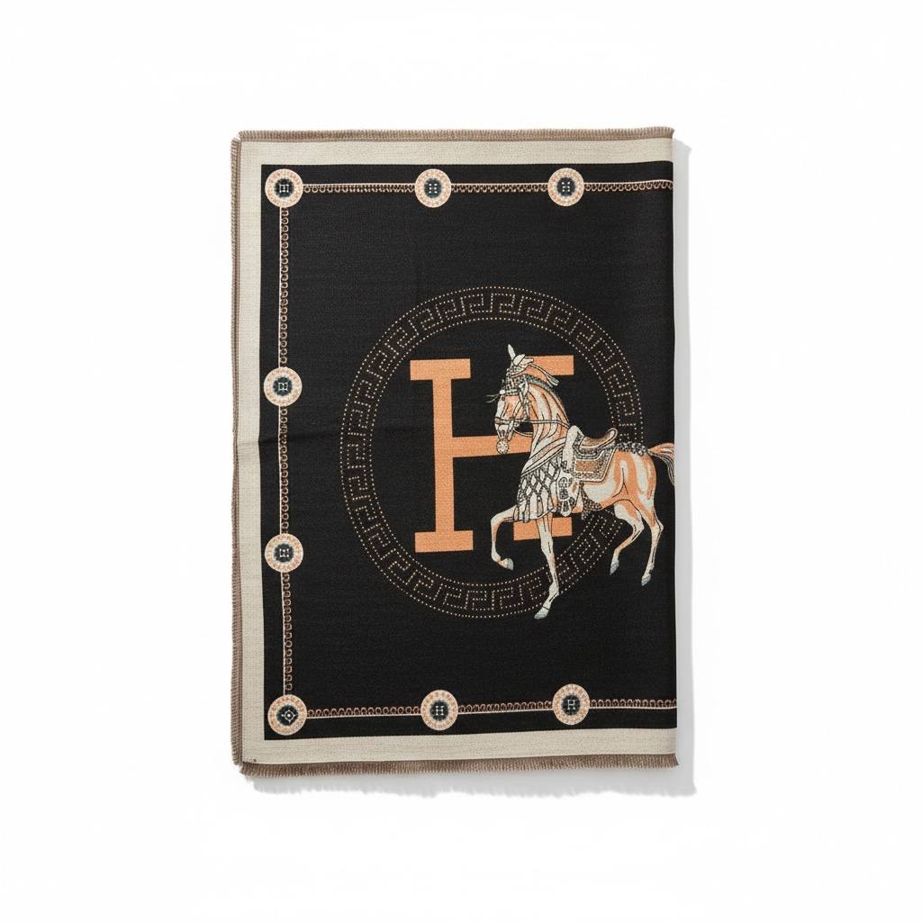 Hermès Luxury Horse Scarf – Black & Camel | Single Face