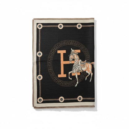 Hermès Luxury Horse Scarf – Black & Camel | Single Face