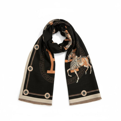 Hermès Luxury Horse Scarf – Black & Camel | Single Face