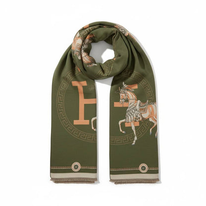 Hermès Luxury Horse Scarf – Olive Green | Single Face