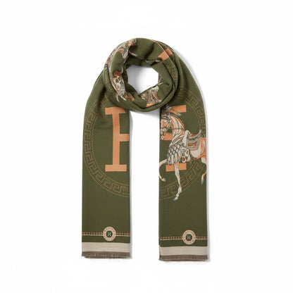 Hermès Luxury Horse Scarf – Olive Green | Single Face