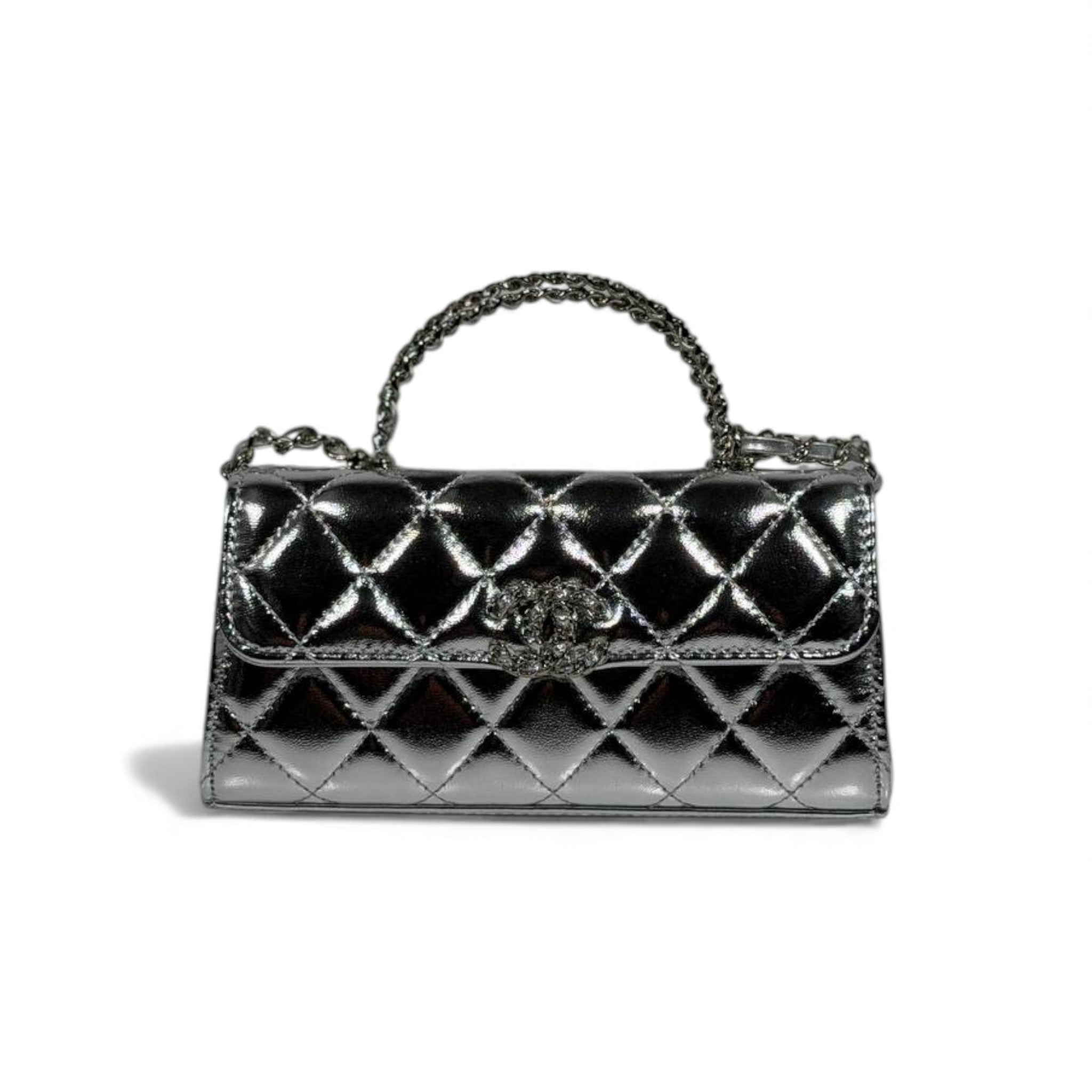 🤍 Chanel Quilted Patent Top-Handle Bag 🪞✨ | Silver Luxe Edition