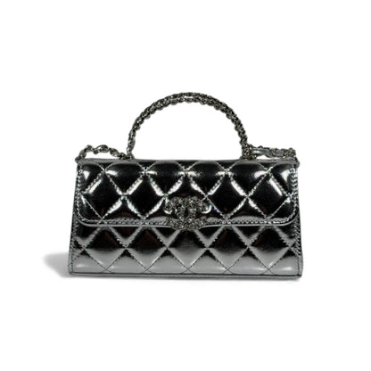🤍 Chanel Quilted Patent Top-Handle Bag 🪞✨ | Silver Luxe Edition