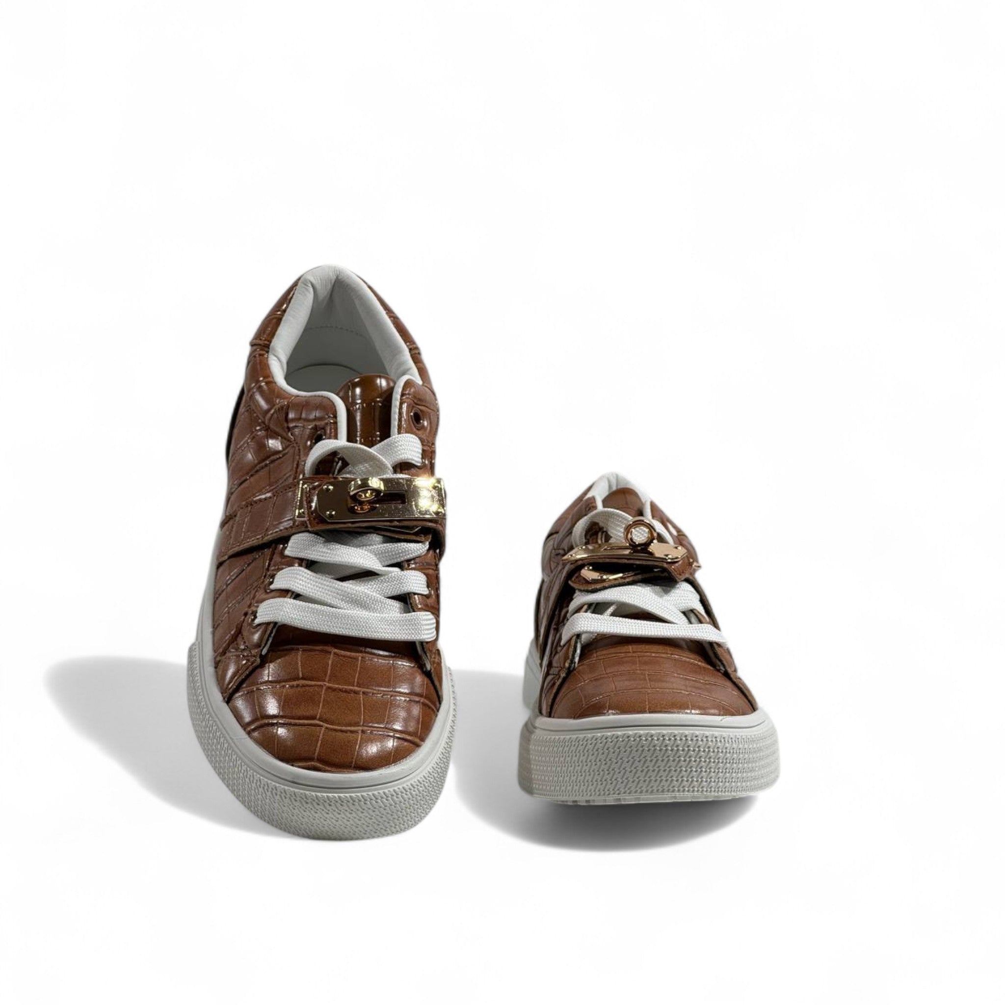 Hermès Brown Croc-Embossed Sneakers with Gold Lock Detail
