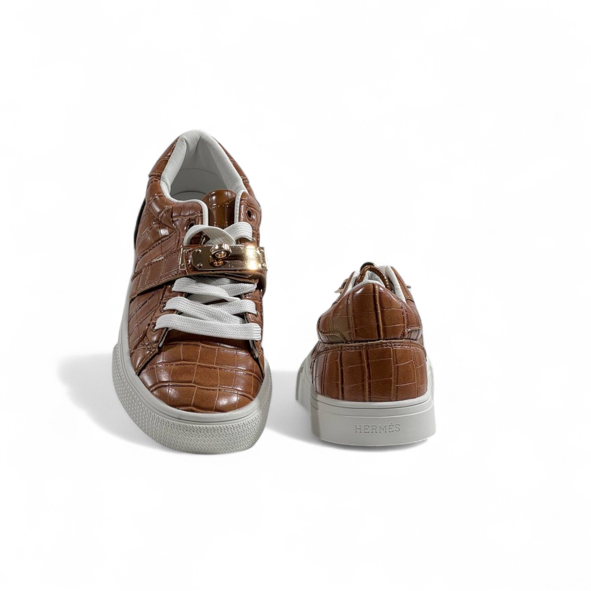 Hermès Brown Croc-Embossed Sneakers with Gold Lock Detail