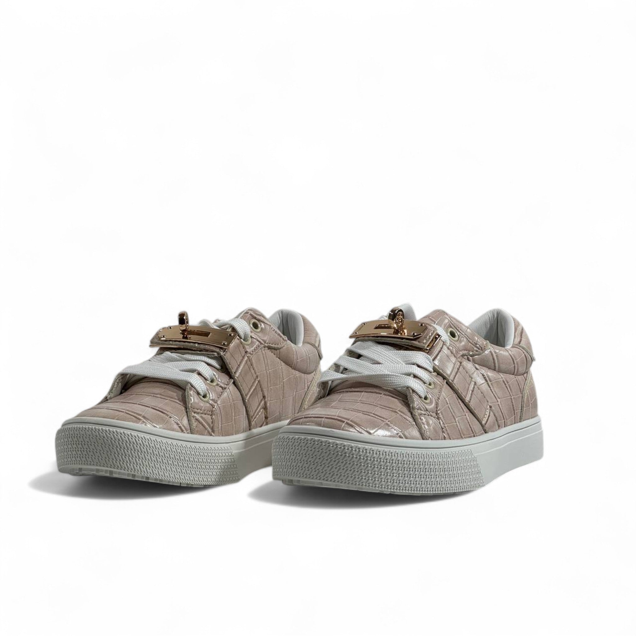 Hermès Beige Croc-Embossed Sneakers with Gold Lock
