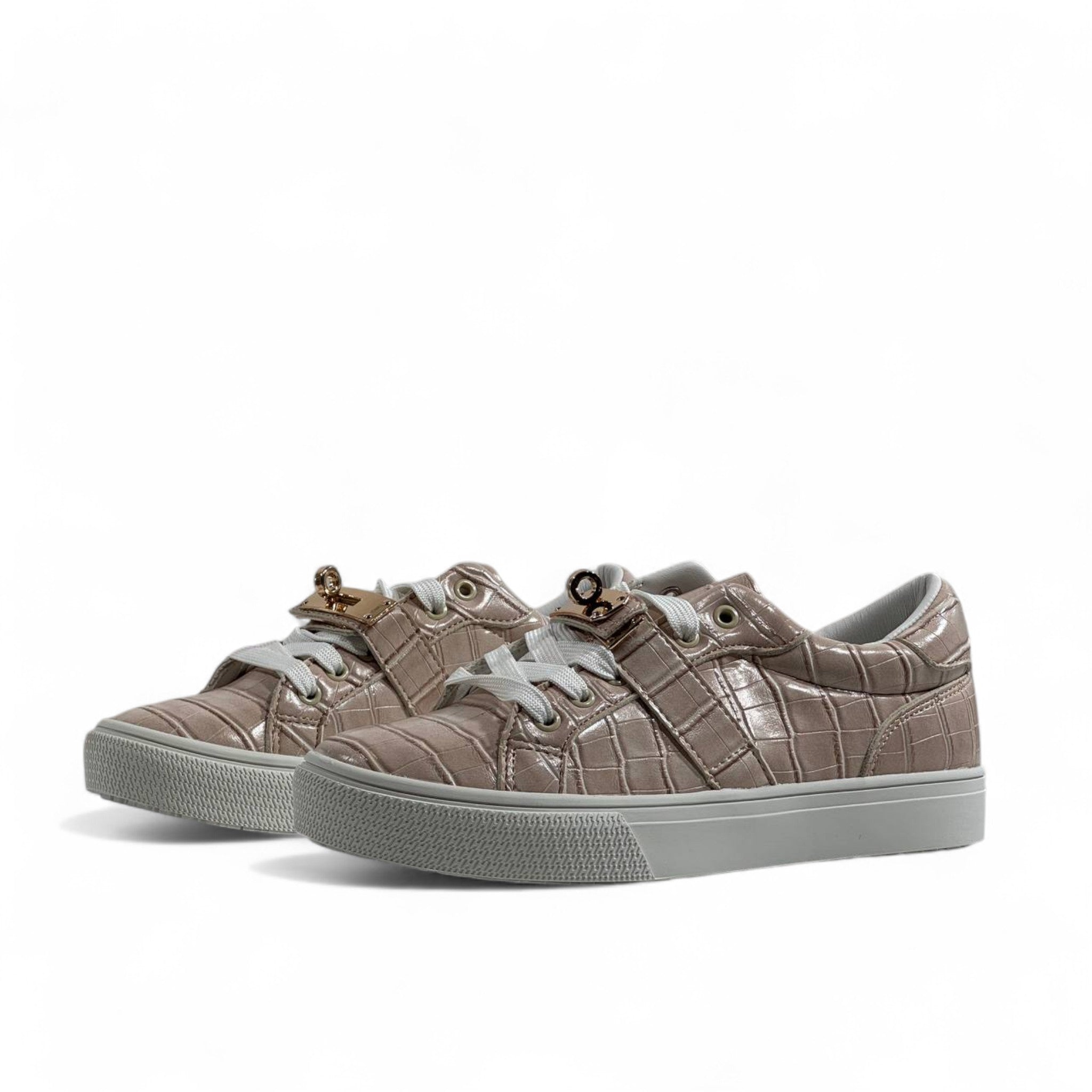 Hermès Beige Croc-Embossed Sneakers with Gold Lock