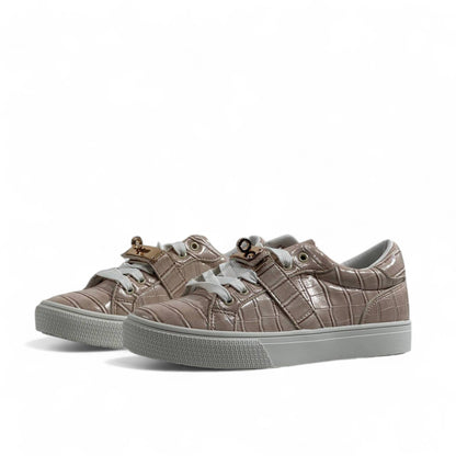 Hermès Beige Croc-Embossed Sneakers with Gold Lock
