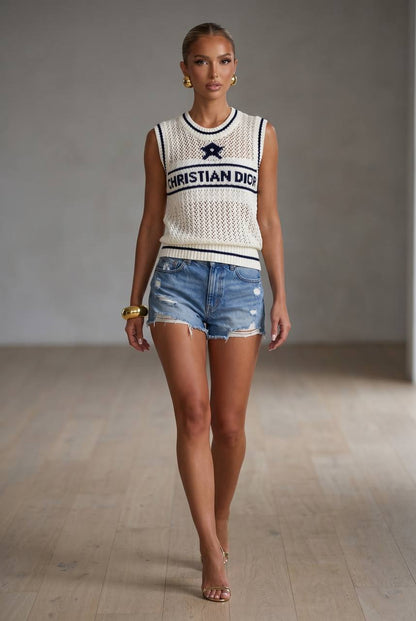 Christian Dior Women's Knit Mesh Sleeveless Top – Luxury Designer Cream Tank Sweater
