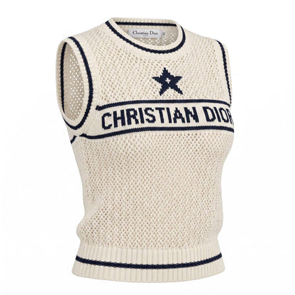Christian Dior Women's Knit Mesh Sleeveless Top – Luxury Designer Cream Tank Sweater