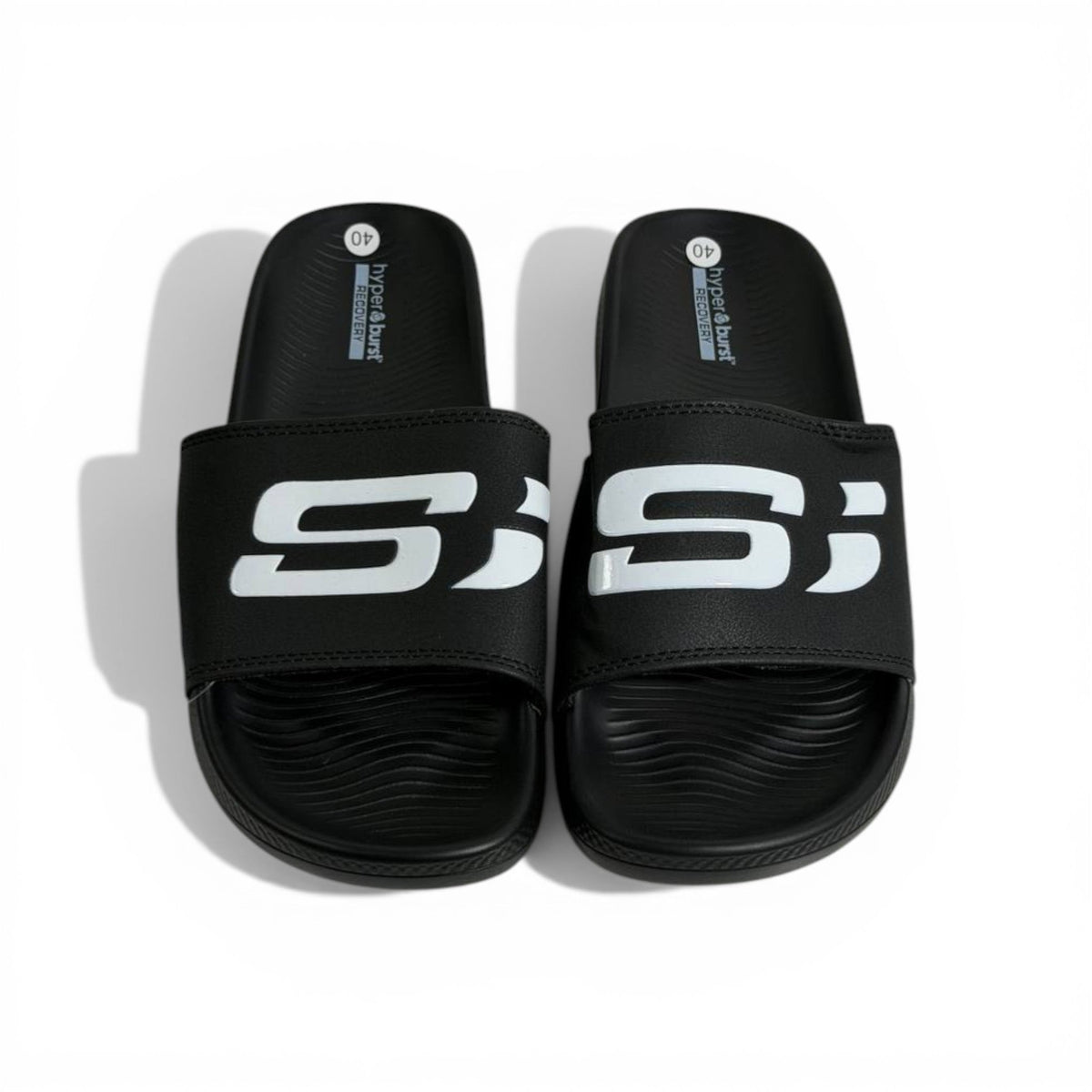 🖤⚡ Skechers Hyper Burst Slides – Black Bold Logo Edition | Ultra Comfort