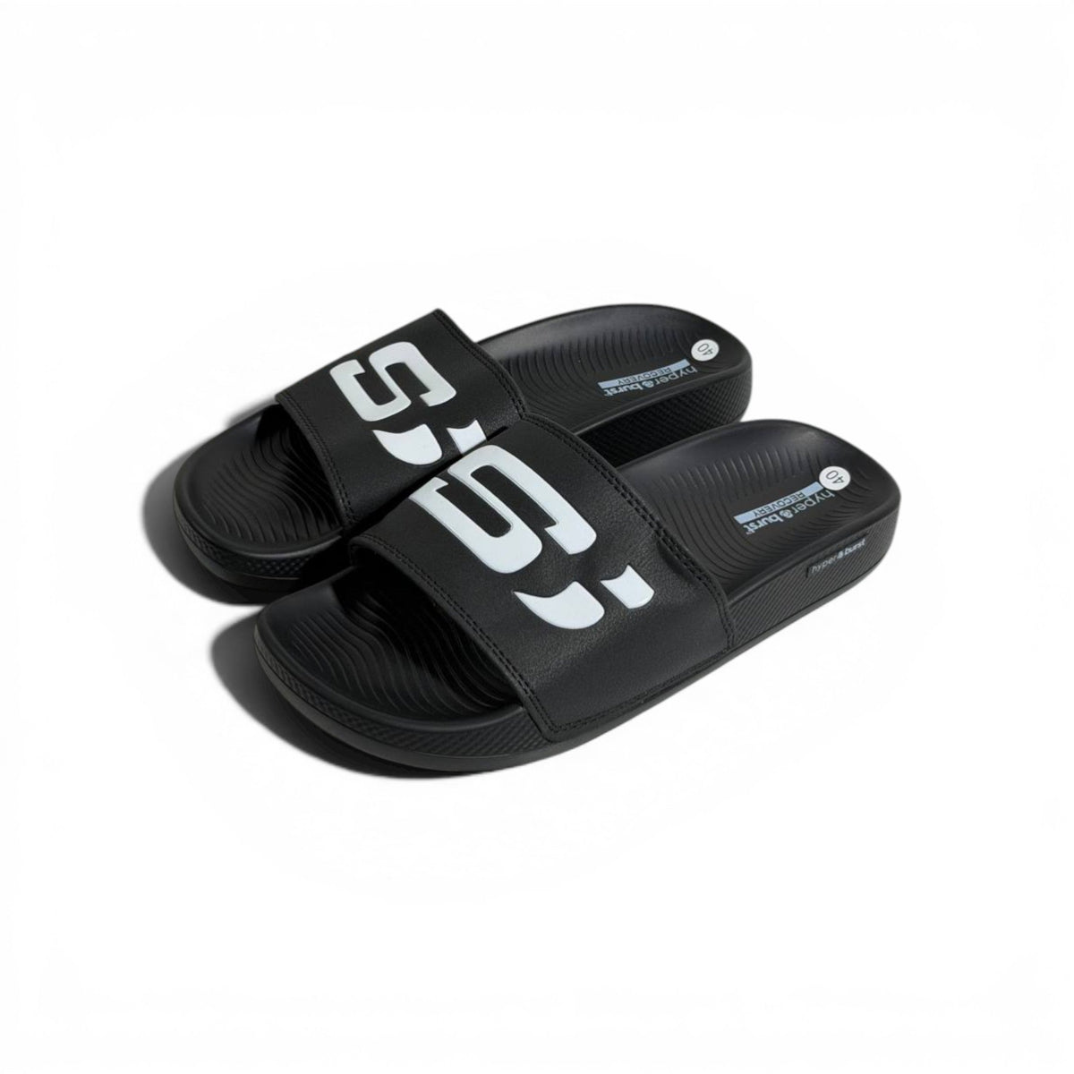 🖤⚡ Skechers Hyper Burst Slides – Black Bold Logo Edition | Ultra Comfort