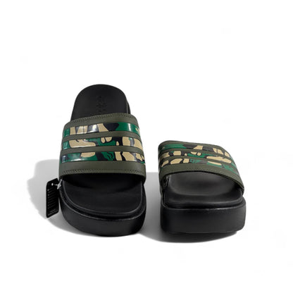 🪖 Adidas Camo Stripes Platform Slippers – Army Green Streetwear Style 💚🖤