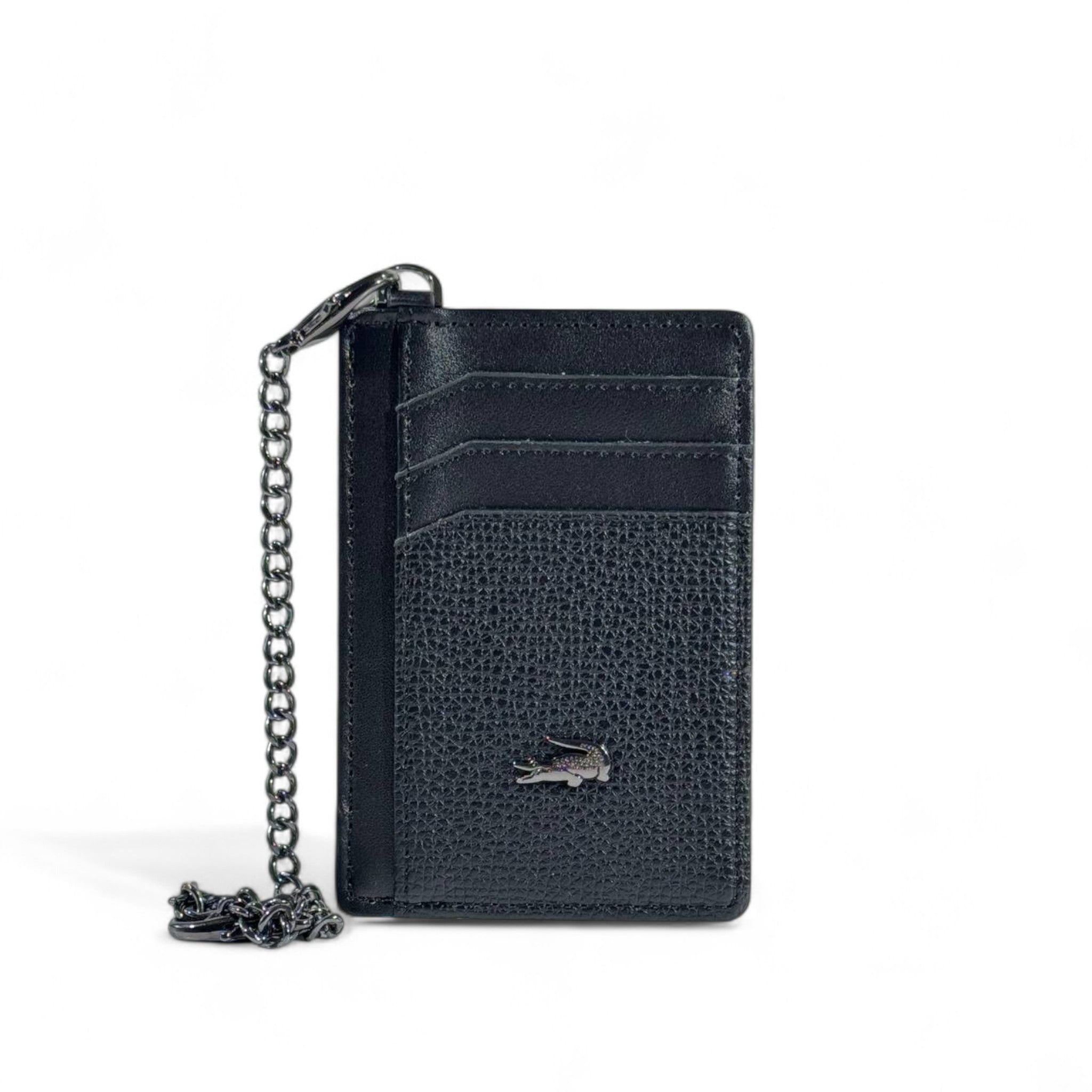 🐊 Lacoste Black Leather Chain Card Holder – Secure, Stylish & Practical