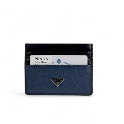 🔵 Prada Blue & Black Leather Card Holder – Bold Italian Elegance