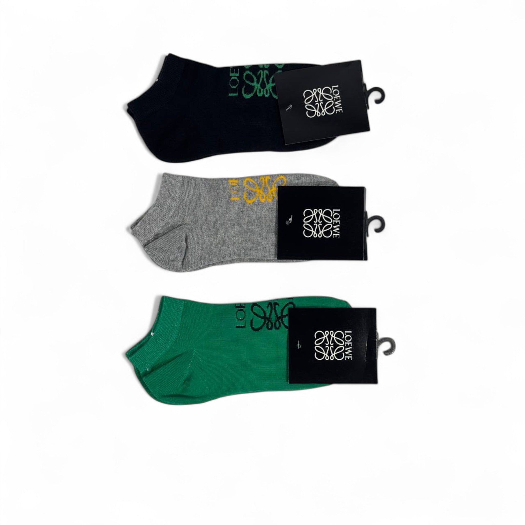 🧦 Loewe Luxury Low-Cut Socks (3-Pack) – Black, Grey & Green