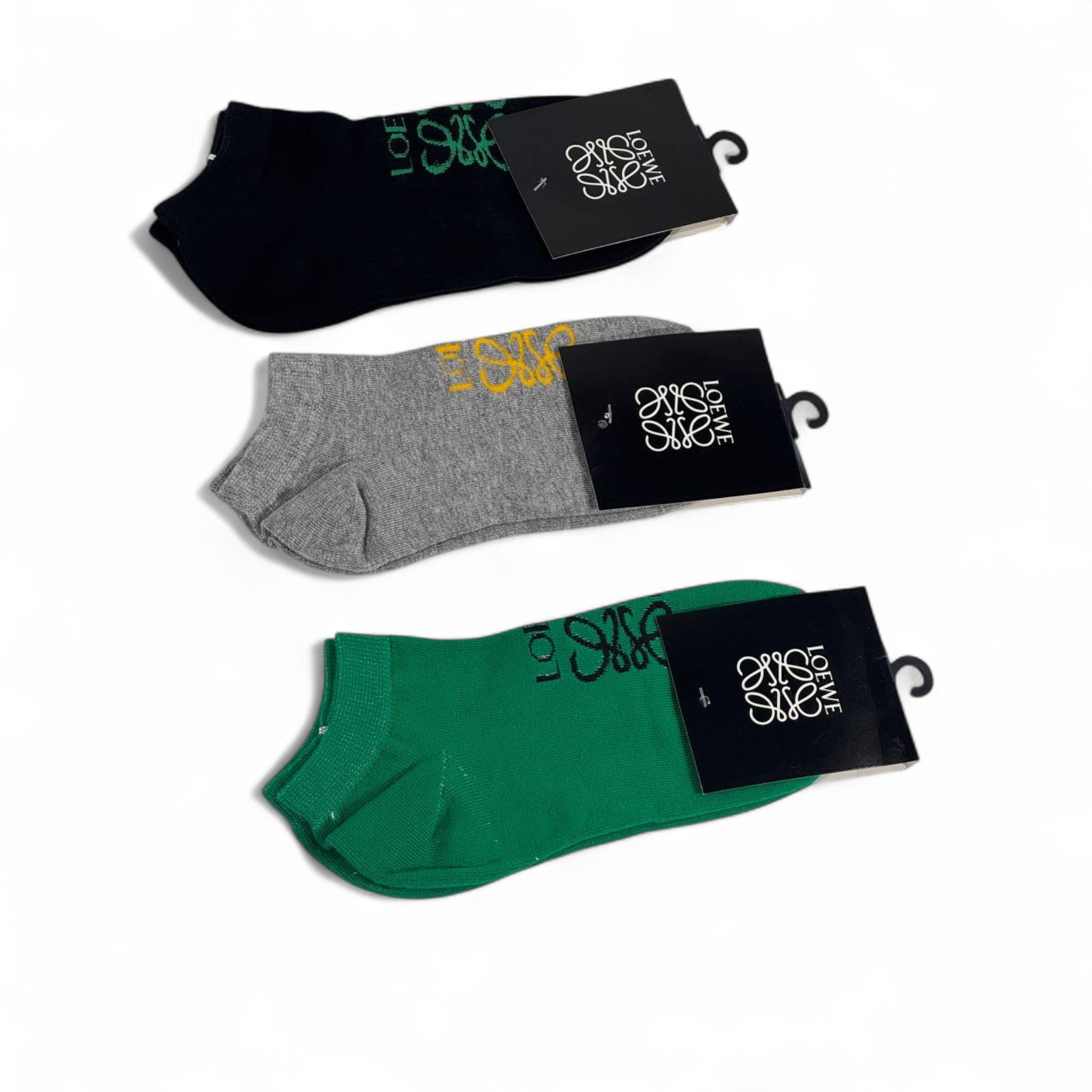 🧦 Loewe Luxury Low-Cut Socks (3-Pack) – Black, Grey & Green