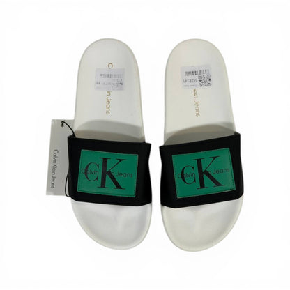 CALVIN KLEIN Luxury Black & White Slide Sandals – CK Logo Design & Everyday Comfort 👟✨